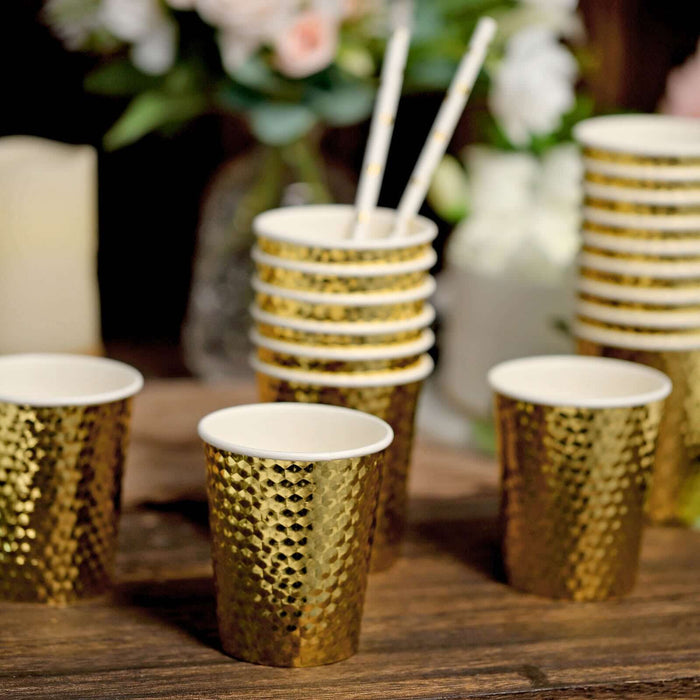 24 Pack | Gold Foil Honeycomb 10oz Paper Cups, Disposable Tableware