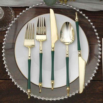 24-Pack Plastic Utensil Set with Roman Column Handle Gold/Hunter Emerald Green - Disposable Silverware