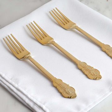 24-Pack Plastic Forks Baroque Style Metallic Gold - Heavy Duty Disposable Silverware 8"