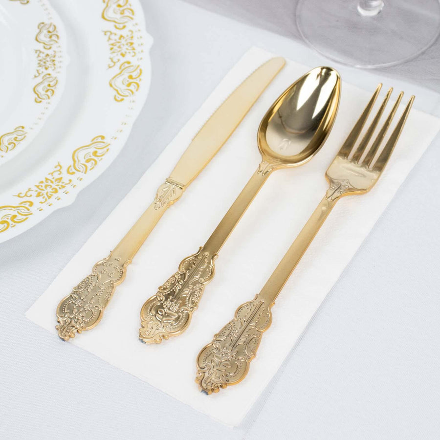 24 Pack | Metallic Gold Baroque Style Heavy Duty Plastic Silverware Set