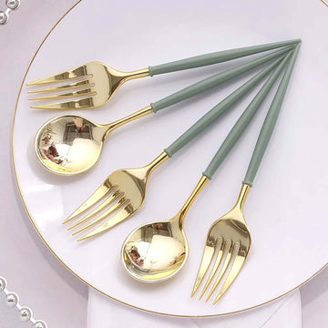 24-Pack Plastic Fork and Spoon Set Metallic Gold/Dusty Sage Green - Heavy Duty Disposable Modern Utensils 6"