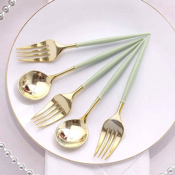 24-Pack Plastic Fork and Spoon Set Metallic Gold/Sage Green - Heavy Duty Disposable Modern Utensils 6"