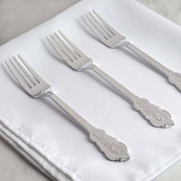 24-Pack Plastic Forks Baroque Style Metallic Silver - Heavy Duty Disposable Silverware 8"