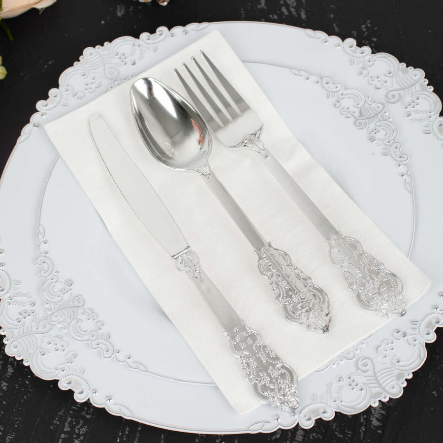 24 Pack | Metallic Silver Baroque Style Heavy Duty Plastic Silverware Set