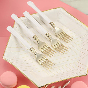 24-Pack Plastic Forks Gold with White Handles - Durable Food Safe Disposable Silverware for Lunch Buffets & Catering Services 7"