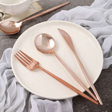 24-Pack Plastic Flatware Set with Sleek Modern Design Rose Gold - Premium Disposable Silverware 8"