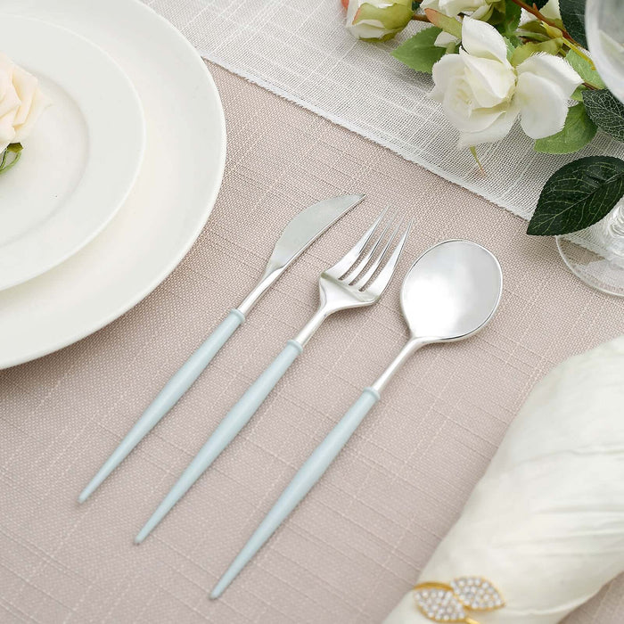 24 Pack | Silver 8Inch Modern Flatware Set, Heavy Duty Plastic Silverware With Baby Blue Handle