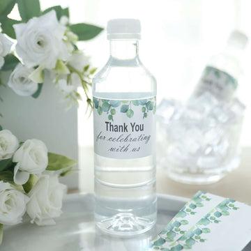 24 Pack White/Green Water Bottle Labels with Leaves Design "Thank You" Party Waterproof Bottle Stickers