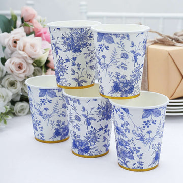 24 Pack Disposable Paper Cups in White Royal Blue French Toile Pattern with Gold Rim, Elegant Party Cups - 9oz