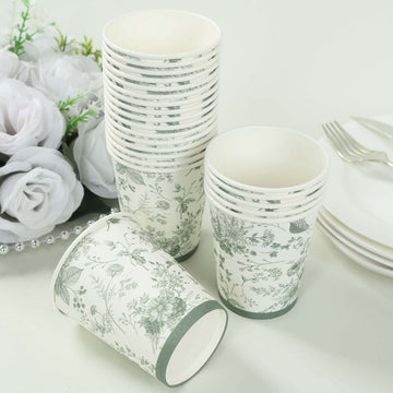 24 Pack Disposable Paper Cups in White Sage Green French Toile Pattern, Elegant Party Cups - 9oz