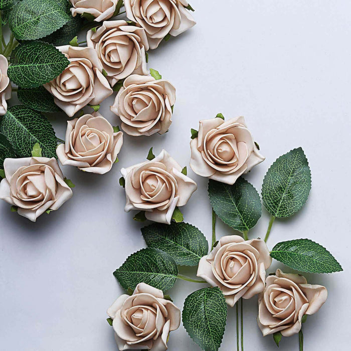 24 Roses | 2inch Champagne Artificial Foam Flowers With Stem Wire and Leaves