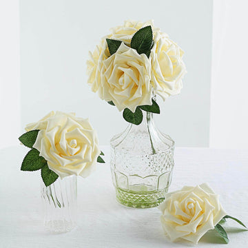 24 Roses 5" Cream Artificial Foam Flowers With Stem Wire and Leaves