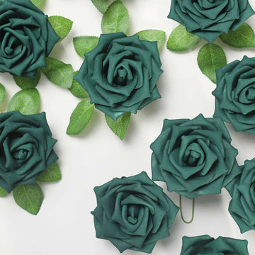 24 Roses 5" Hunter Emerald Green Artificial Foam Flowers With Stem Wire and Leaves