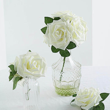 24 Roses 5" Ivory Artificial Foam Flowers With Stem Wire and Leaves