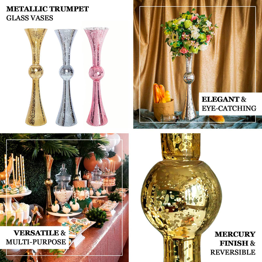 2 Pack | 24 Tall Silver Mercury Reversible Latour Trumpet Glass Vases