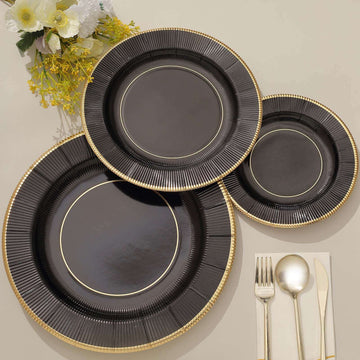 25-Pack Paper 10" Round Dinner Plates in Black Sunray Design with Gold Rim - Disposable Heavy Duty 350GSM Party Plates for Banquets & Celebrations