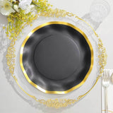 25 Pack | 10inch Matte Black / Gold Wavy Rim Disposable Dinner Plates, Round Paper Party Plates