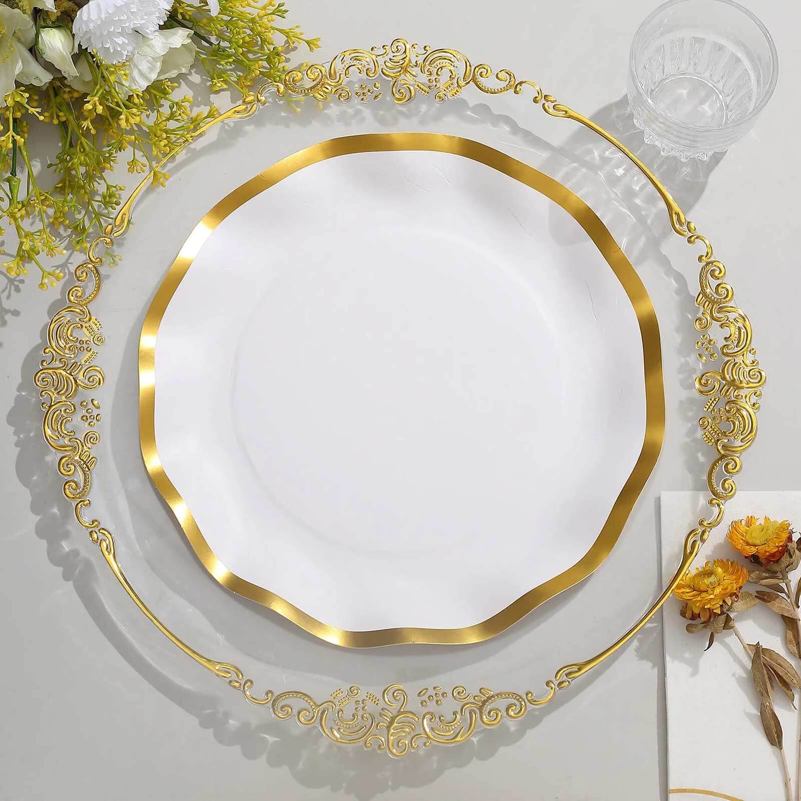 25-Pack Paper Round Dinner Plates 10" Matte White with Gold Wavy Rim - Disposable 350GSM Party Plates for Banquets & Upscale Gatherings