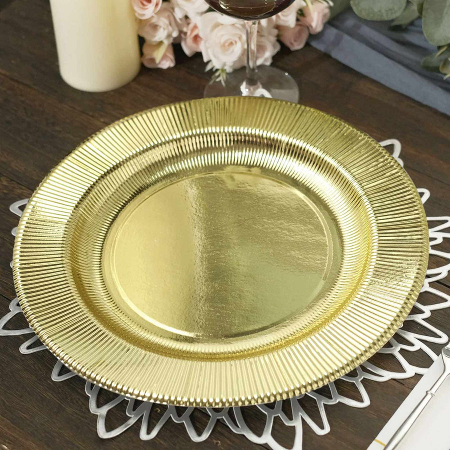 25 Pack | Metallic Gold Sunray 10inch Serving Dinner Paper Plates, Disposable Party Plates - 350 GSM