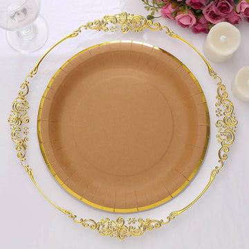 25-Pack Kraft Paper 10" Round Dinner Plates in Natural Brown with Gold Lined Rim - Disposable Party Plates for Rustic & Vintage Inspired Events