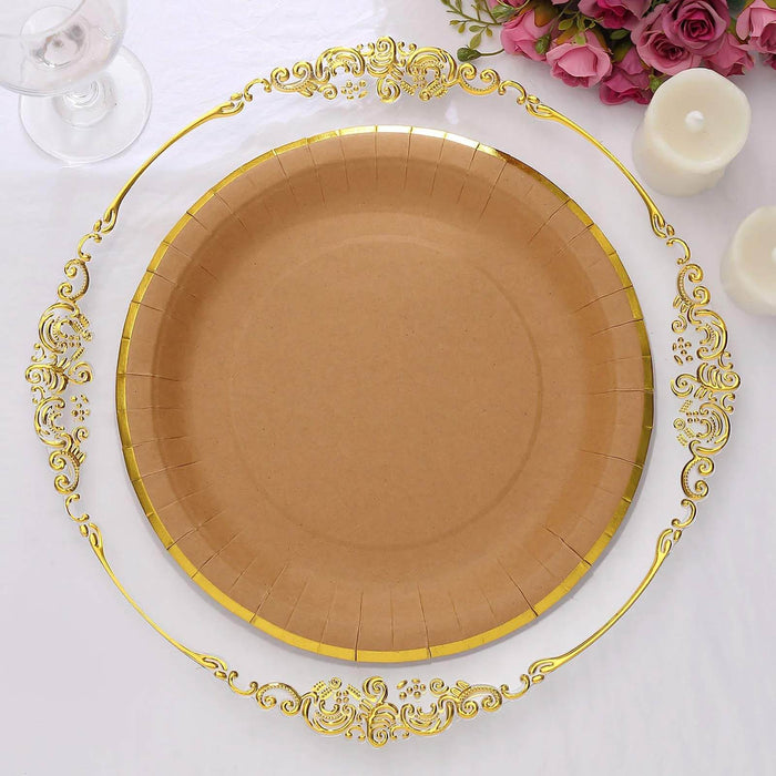 25 Pack | 10 Round Natural Brown Paper Dinner Plates With Gold Lined Rim, Disposable Party Plates