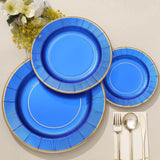 25 Pack | 10inch Royal Blue Sunray Gold Rimmed Serving Dinner Paper Plates, Disposable Party Plates