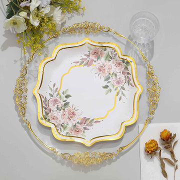 25-Pack Paper 10" Dinner Plates in White with Floral Print & Gold Scallop Rim - Disposable 300GSM Party Plates for Cocktail Events & Receptions