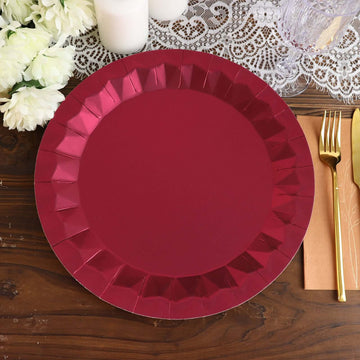 25-Pack Paper 12" Round Charger Plates in Burgundy with Geometric Prism Design - Disposable 400GSM Serving Trays