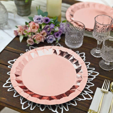 25-Pack Paper 12" Round Charger Plates in Metallic Rose Gold with Geometric Prism Design - Disposable 400GSM Serving Trays