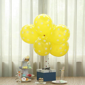 25 Pack 12" Yellow and White Fun Polka Dot Latex Party Balloons