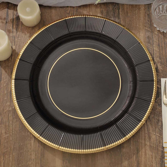 25-Pack Disposable Round Charger Plates in Black Sunray Design with Gold Rim - 350GSM Heavy Duty Paper Chargers 13"