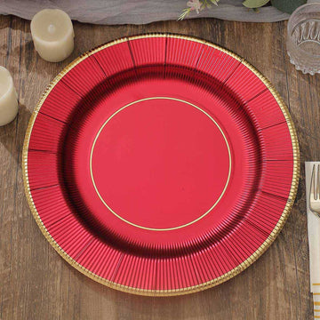 25-Pack Disposable Round Charger Plates in Burgundy Sunray Design with Gold Rim - 350GSM Heavy Duty Paper Chargers 13"