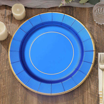 25-Pack Disposable Round Charger Plates in Royal Blue Sunray Design with Gold Rim - 350GSM Heavy Duty Paper Chargers 13"