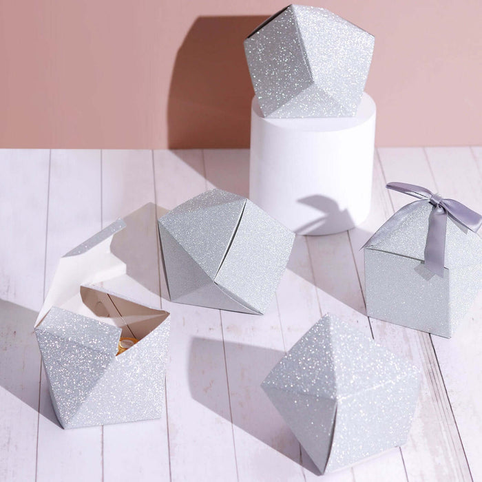 25 Pack | 3x4inch DIY Silver Glittered Geometric Wedding Favor Gift Box