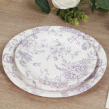 25 Pack 7inch French Toile Disposable Salad Plates, White Lavender Lilac Round Paper