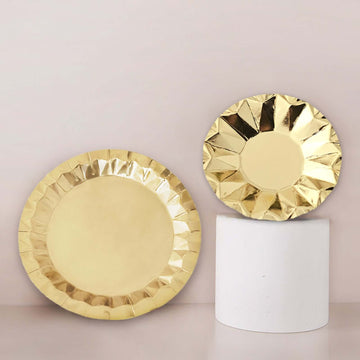 25-Pack Paper 7" Round Dessert Plates in Metallic Gold with Geometric Prism Rim - Disposable 400GSM Appetizer Salad Plates for Dinner Parties & Banquets