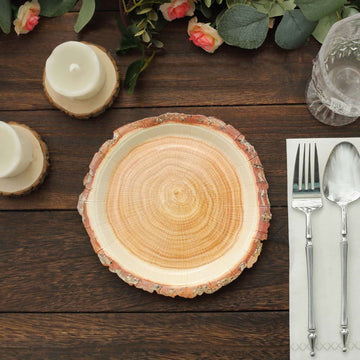 25-Pack Paper 7" Round Dessert Plates in Natural Wood Slice Print - Disposable Appetizer Salad Plates for Rustic Farmhouse Style Events