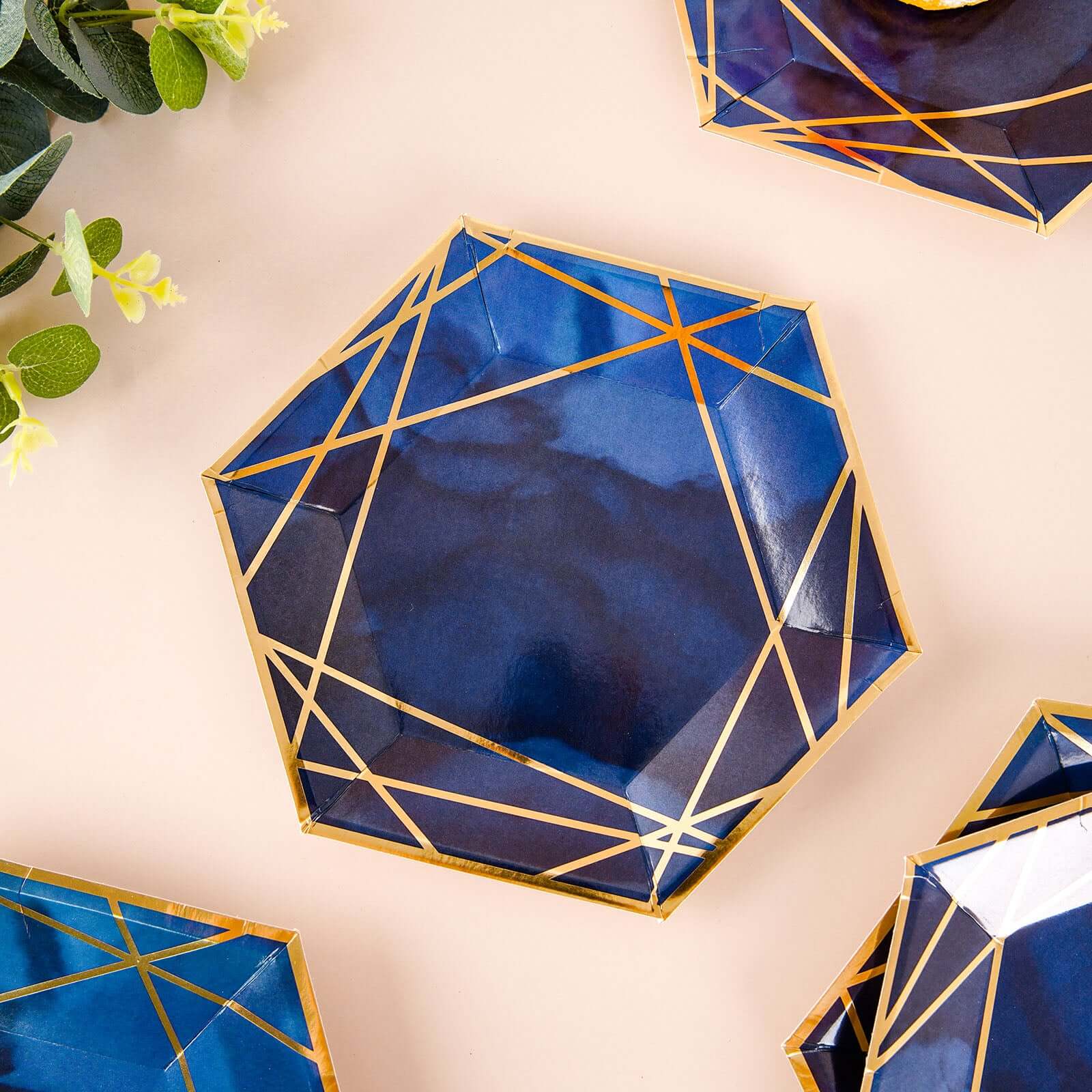 25-Pack Paper 7" Hexagon Dessert Plates in Navy Blue with Gold Geometric Lines & Rim - Stylish Disposable Geometric 300GSM Appetizer Salad Plates