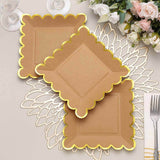 25 Pack | 7 Square Natural Brown Paper Salad Plates With Gold Scalloped Rim, Party Plates