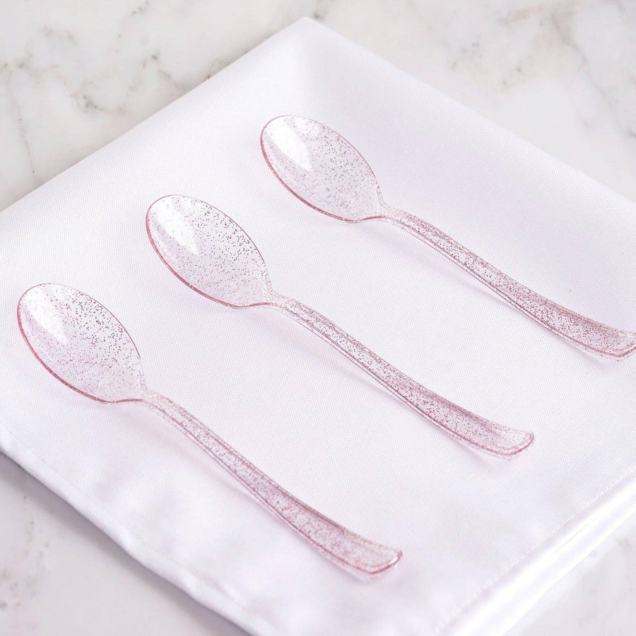 25 Pack 7inch Transparent Blush Glitter Classic Heavy Duty Disposable Spoons, Sparkly Plastic