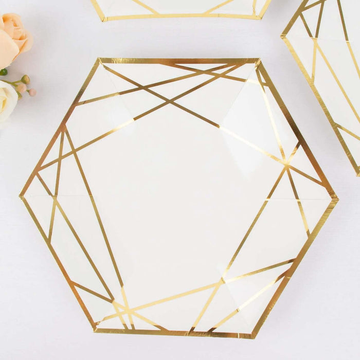 25 Pack | 7inch White / Gold Hexagon Salad Paper Plates, Geometric Disposable Dessert