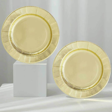 25-Pack Paper 8" Round Dessert Plates in Metallic Gold Sunray Design - Disposable Heavy Duty 350GSM Appetizer Salad Plates