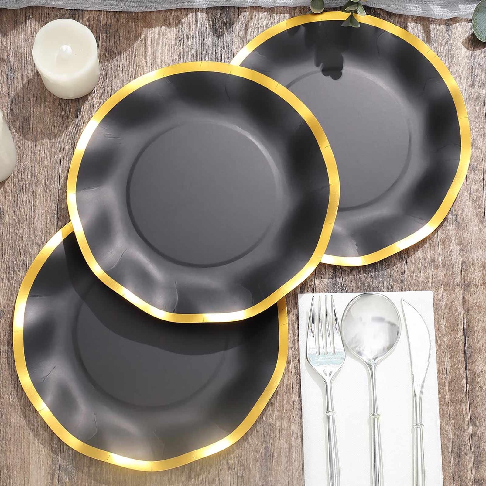 25-Pack Paper Round Dessert Plates 8" Matte Black with Gold Wavy Rim - Disposable 350GSM Salad Plates
