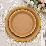 25 Pack | 8 Round Natural Brown Paper Salad Plates With Gold Lined Rim, Disposable Dessert Appetize