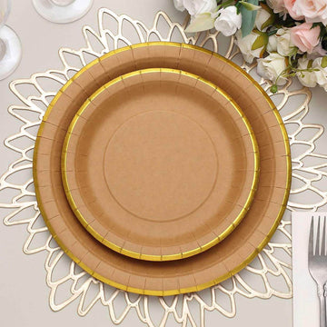 25-Pack Kraft Paper 8" Round Dessert Plates in Natural Brown with Gold Lined Rim - Disposable Salad Appetizer Plates for Rustic & Vintage Inspired Events