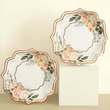 25 Pack | 8inch White / Rose Gold Floral Scallop Rim Salad Party Paper Plates, Dessert Plates