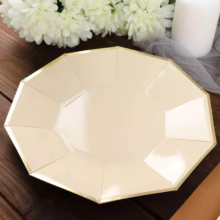 25 Pack | 9inch Beige Gold Foil Rim Geometric Dinner Paper Plates, Decagon Disposable Plates