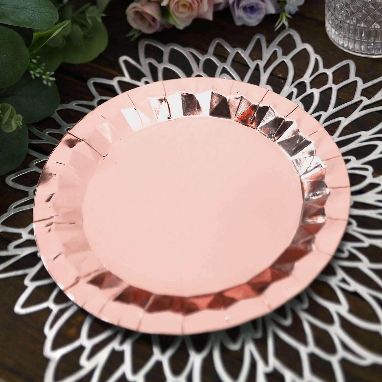 25-Pack Paper 9" Round Dinner Plates in Metallic Rose Gold with Geometric Prism Rim - Disposable 400GSM Party Plates