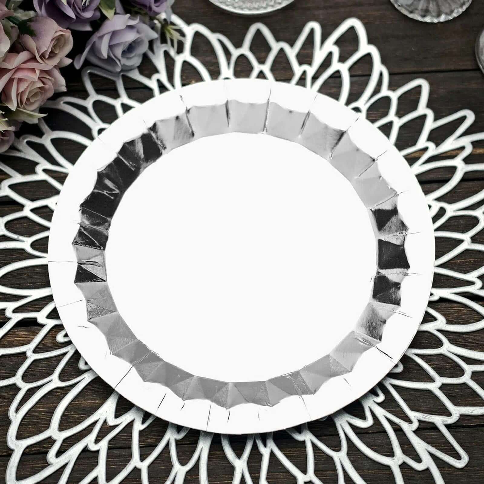 25-Pack Paper 9" Round Dinner Plates in Metallic Silver with Geometric Prism Rim - Disposable 400GSM Party Plates