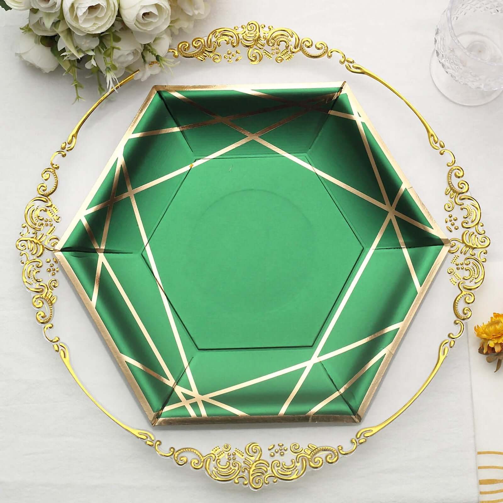25-Pack Paper 9" Hexagon Dinner Plates in Hunter Emerald Green with Gold Geometric Lines & Rim - Stylish Disposable Geometric 300GSM Party Plates